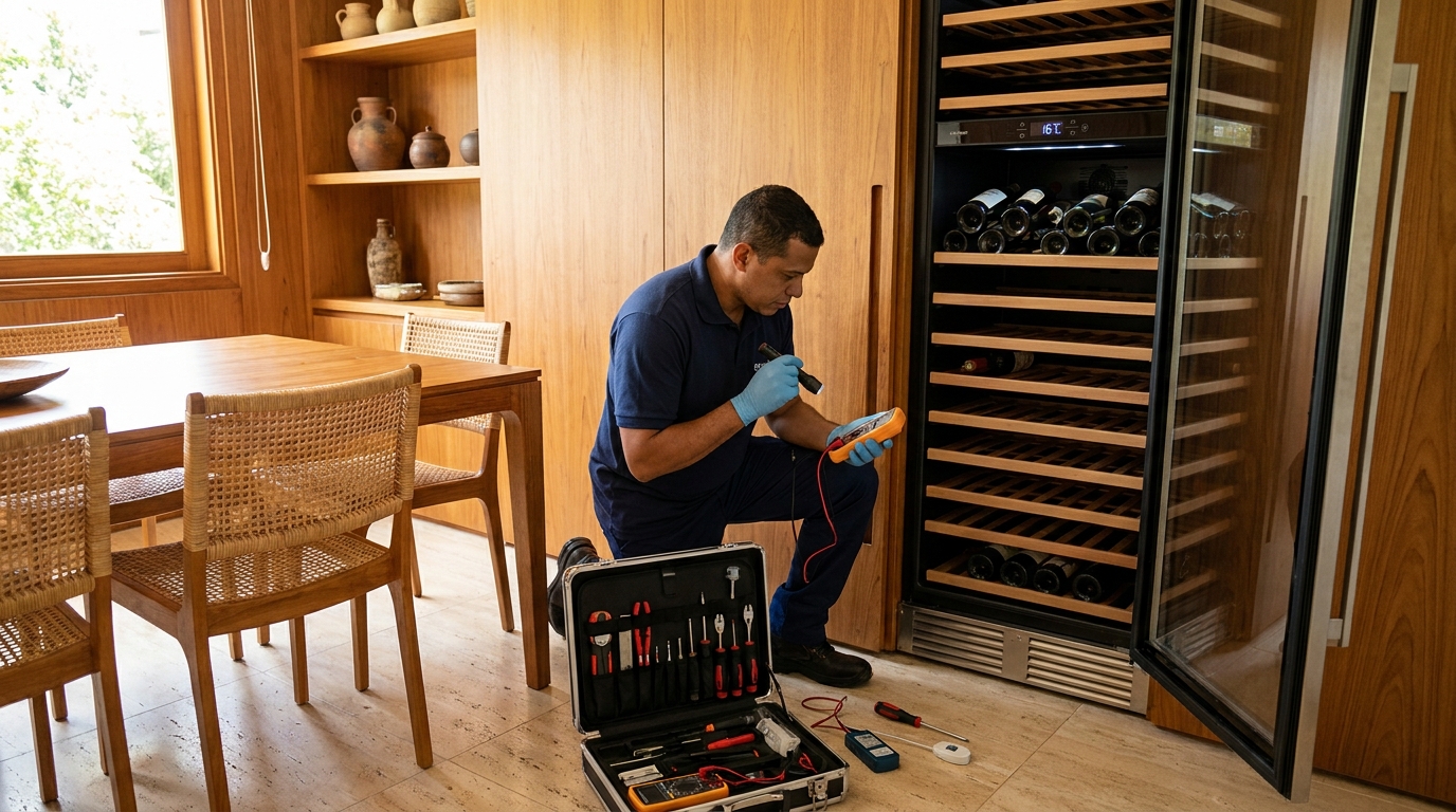 Substituição de termostato em adega climatizada em visita técnica em Suzano‑SP