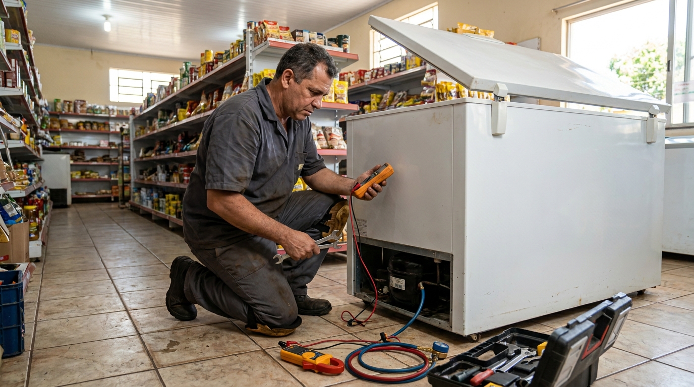 Substituição de termostato de freezer em visita técnica em Suzano‑SP
